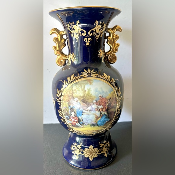 Vtg. Limoges France Cobalt Blue 24K Gold Footed Porcelain Large Full-Size Vase - Picture 1 of 11